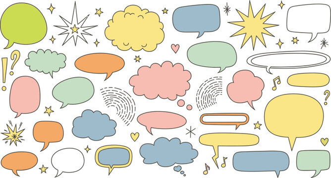 Various speech bubbles and thought clouds in different colors and sizes