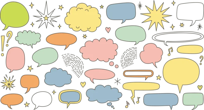 Various speech bubbles and thought clouds in different colors and sizes