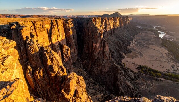 Golden hour lighting over dramatic desert canyon landscape.
