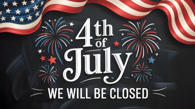 4th of july independence day holiday closure sign with american flag, fireworks, and chalkboard background