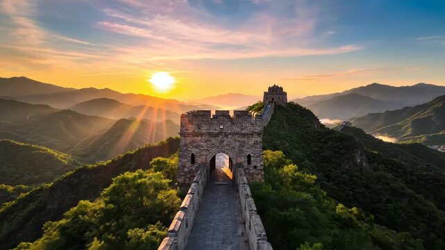 Great Wall of China winding through lush green mountains at sunrise; stone watchtowers and battlements illuminated by golden sun rays over a misty, layered mountain landscape.