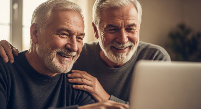 Two elderly men share a joyous moment, laughing together while looking at a laptop, symbolizing companionship, connection, and shared happiness in later life
