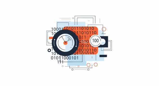 A futuristic graphic illustration of a clock and binary code in a techno-themed design