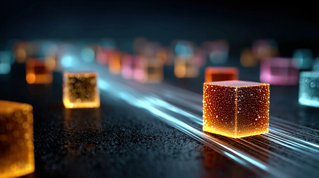 Conceptual innovation visualized as abstract 3D cubes glowing data streams and neon light paths representing startup growth creative thinking and futuristic business ideas