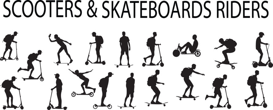 Scooter and skateboard riders silhouettes collection