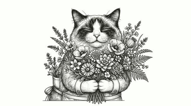 Vintage engraved illustration of a smiling fluffy cat florist holding a beautiful flower bouquet. Detailed black and white sketch of a cute pet small business owner in an apron