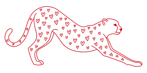 Cute red line art doodle sketch of a cheetah wild cat with heart shaped spots pattern background © huzaifa