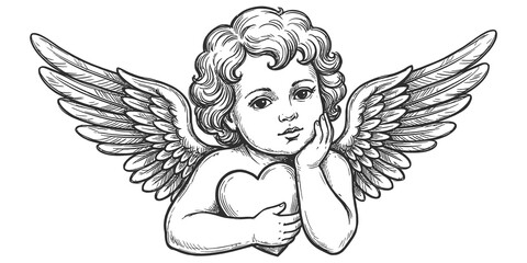Naklejka premium Vintage engraving style sketch of a cute cupid cherub angel holding heart symbol for romantic valentine holiday design