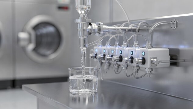 Medium shot of enzyme detergent microdosing station precisely measuring protease enzymes for enhanced stain removal in laundry processing environments.