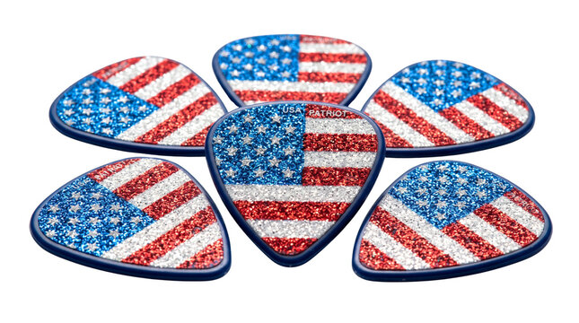 Patriotic American flag guitar picks, glittery red white and blue plectrum set, 5 piece collection of musical accessories with stars and stripes isolated PNG with Transparent Background