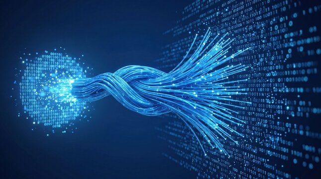 Blue fiber optic data stream with binary code and digital network flow
