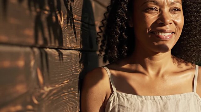 Smiling African American woman leaning against a wooden wall. Sunlight casting shadows on face and dark textured board surface. Casual lifestyle portrait concept
