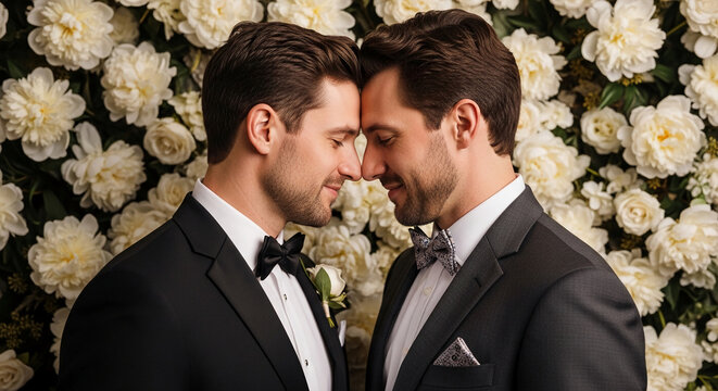 Two men in formal wear lean their foreheads together against a floral backdrop, symbolizing love, commitment, and unity, fitting for weddings or Valentine's Day.