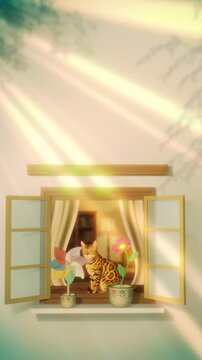 Vertical 2D vector animation of a bengal cat sitting by an open window with flower pots. Warm golden sun rays shining through, cozy lofi aesthetic loop video for mobile screens, 4k shorts.