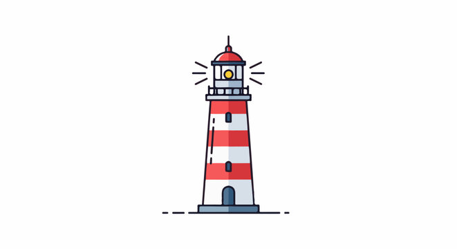 A red and white striped lighthouse with a yellow light on top