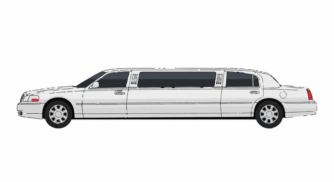A sleek, white limousine with tinted windows and chrome wheels on a white background