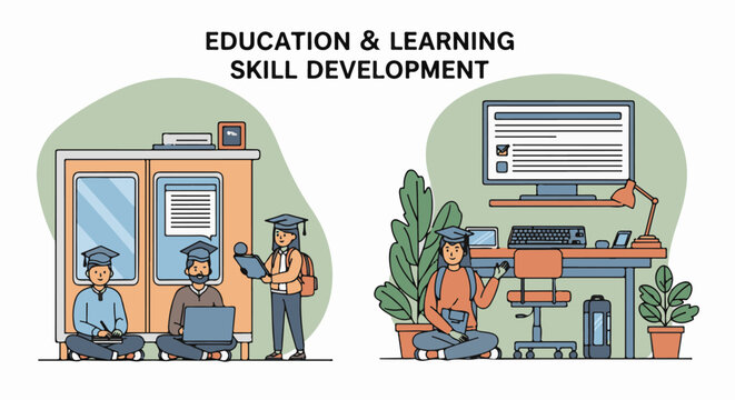 Illustration of people learning and developing skills in education settings