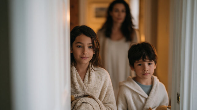 Blended family stepsibling standoff in shared bedroom doorway, two kids each holding a toy, parent watching from hallway with neutral facilitative expression, blended household