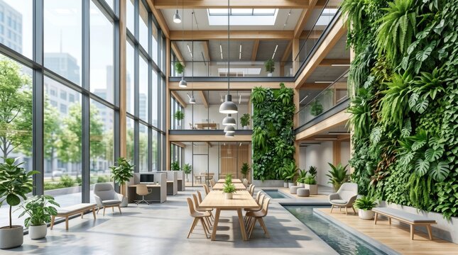 Modern sustainable office interior with vertical garden walls, wooden furniture and large windows for natural light
