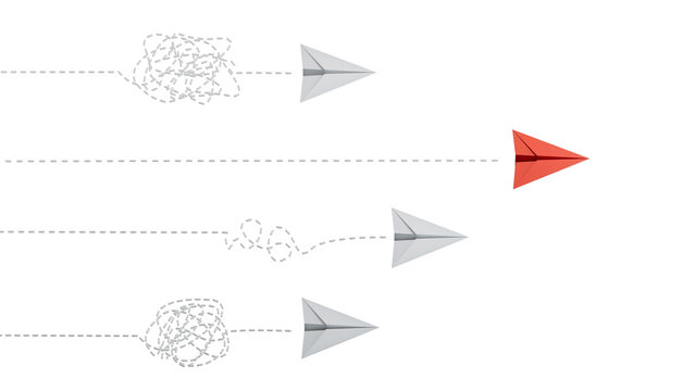 Competition paper planes with doodle line. Concept of business, leaderplane, problem solution, success, education, goal challenge, mission target, think different, standout vision