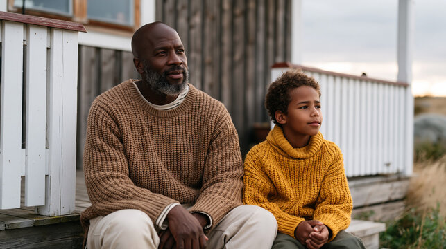 Father and child sitting side by side on porch steps in quiet rural setting, both looking at the horizon rather than each other, after-school conversation, child emotional