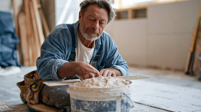 seasoned tile contractor mixing thinset mortar in plastic bucket on bathroom subfloor, kneeling pad beneath knees, notched trowel resting across bucket rim, cement board substrate