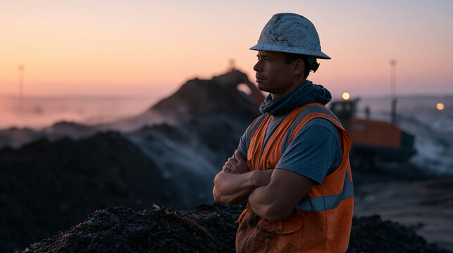 Composting automation facility at scale, a site supervisor observes an autonomous turning machine processing windrows of food and agricultural organics at twilight, steam rising