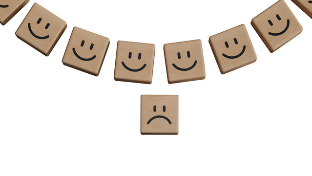 Sad smile against happy smiles on wooden blocks. Depression, mental health. Top view.Facial expressions. Mental health assessment.Supports PNG files with transparent backgrounds.