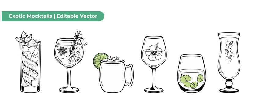 Cocktail vector line art set of exotic mocktails and drinks in glass with garnish icons like lime, mint, rosemary, olive, and flower for bar menu graphics, minimal beverage illustrations, modern clip