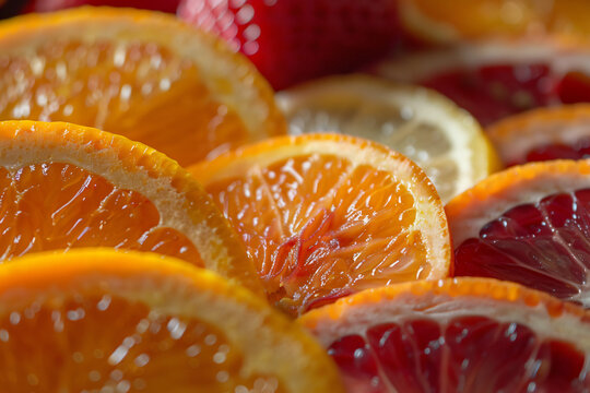 Fresh juicy citrus fruit slices with oranges blood oranges and lemons