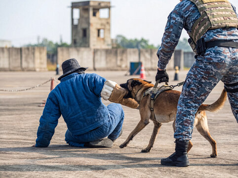 Powerful Belgian Malinois K9 dog actively engaged in bite work training with a decoy under handler supervision.