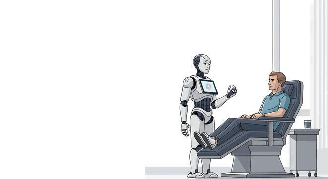 Robot talking to a man.