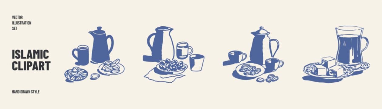 Arabic coffee pots dates and tea cups in traditional hospitality arrangement. Illustrations for menu design and Ramadan branding in rustic hand drawn sketch style.