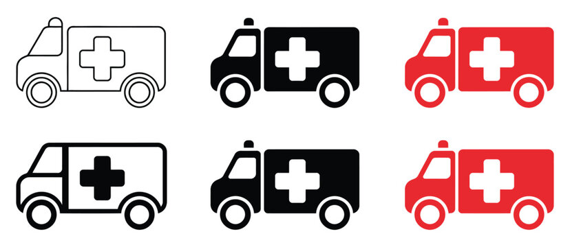 Ambulance vector icon collection representing emergency medical transportation, rescue services, healthcare support, and hospital-related design projects.