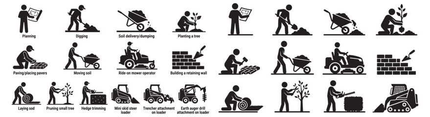 Obraz premium Landscape Maintenance and Garden Construction Silhouette Icons Set Showing Planting Digging Mowing and Paving 