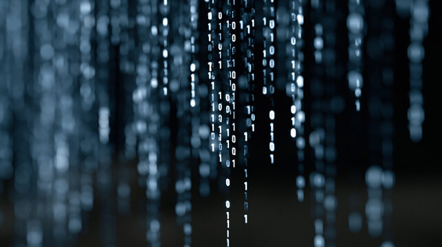 Cascading binary code digits flowing vertically against a deep background with varying opacity creating depth and movement, tech industry background ideal for cybersecurity,