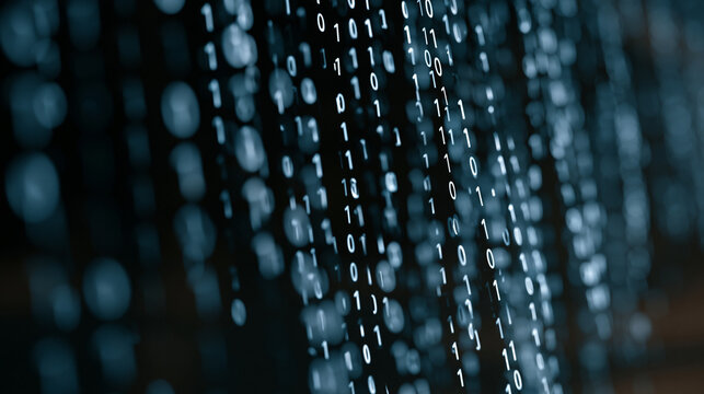 Cascading binary code digits flowing vertically against a deep background with varying opacity creating depth and movement, tech industry background ideal for cybersecurity,