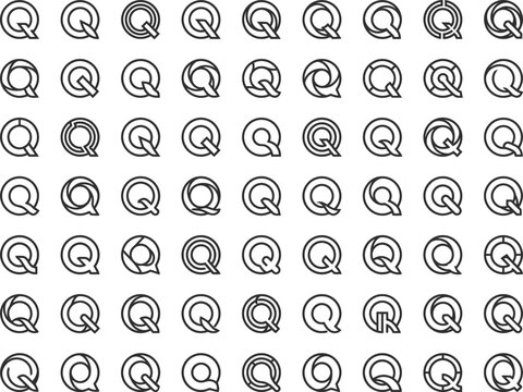 Rows of black outlined letter Qs in various geometric line styles on a white background. Repeating seamless pattern with abstract circular elements.