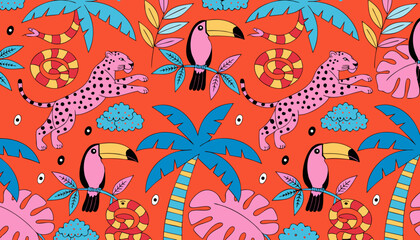 Vibrant tropical jungle pattern with pink leopards and toucans on orange background © Sorna Moni