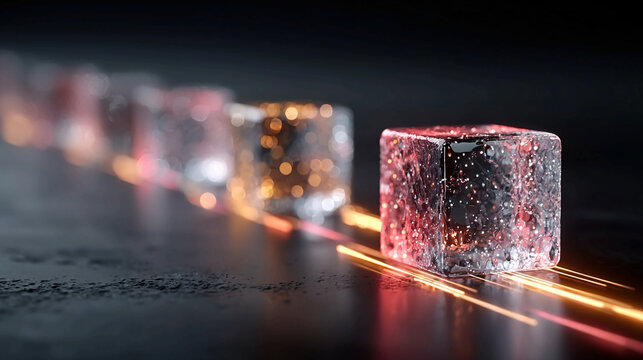 Conceptual innovation visualized as abstract 3D cubes glowing data streams and neon light paths representing startup growth creative thinking and futuristic business ideas
