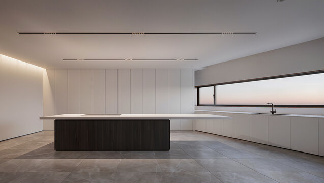Minimalist Modern Kitchen Interior with Island and Clean White Cabinets