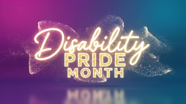 Disability pride month glowing neon text design on a dark abstract particle background