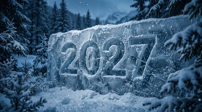 2027 year numbers carved in large ice block in snowy winter forest