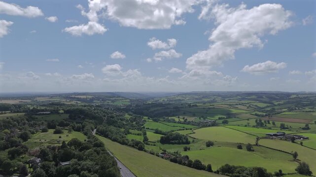 Aerial vista of Box Hill, A4 Bath road in Wiltshire countryside on a summers day.