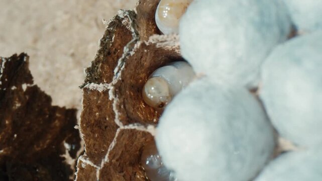 Hornet larvae and silk-capped pupae cells shown in a detailed close-up. Bright natural lighting highlights the development of this predatory social insect colony.