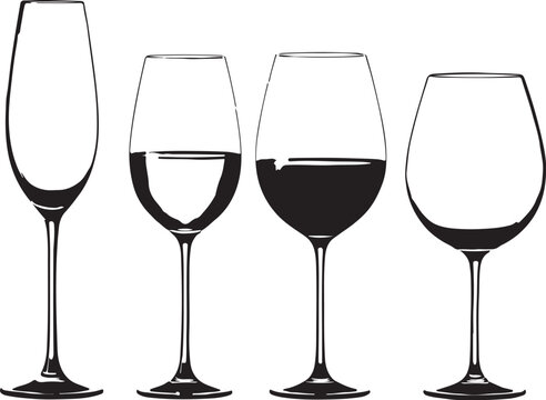 Four Different Styles of Wine Glasses Filled with Different Amounts of Wine