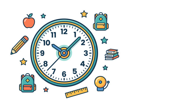 Colorful illustration of a clock surrounded by school supplies and icons