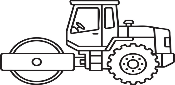 Road roller vector illustration, construction vehicle line art icon, heavy machinery coloring page, compactor isolated on white background, steamroller graphic