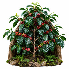Obraz premium coffee plant with ripe red and green coffee cherries, surrounded by small ferns and rocks, displayed against a white background.