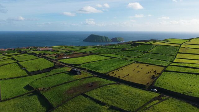 Patchwork Green Fields Of Raminho Village With Cabras Islets On Terceira Island In The Azores, Portugal. - aerial shot